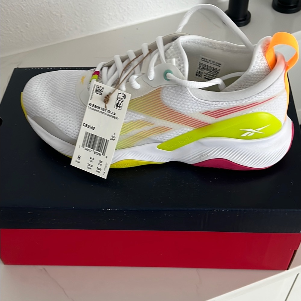 Reebok Women's White Sneakers with Yellow and Pink Highlights